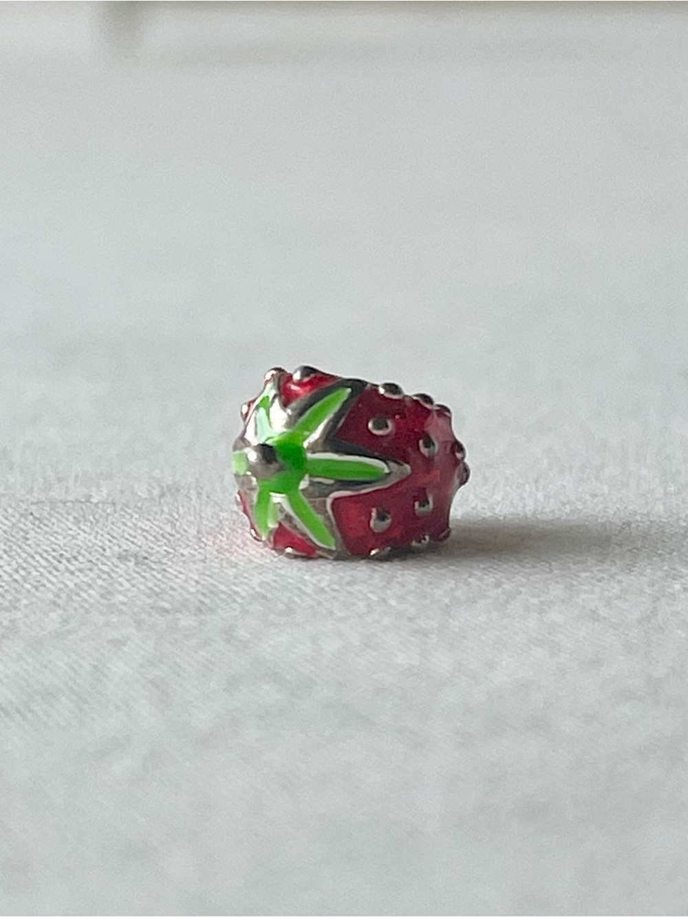 Red Enamel Strawberry Charm Bead with Green Leaf Accent